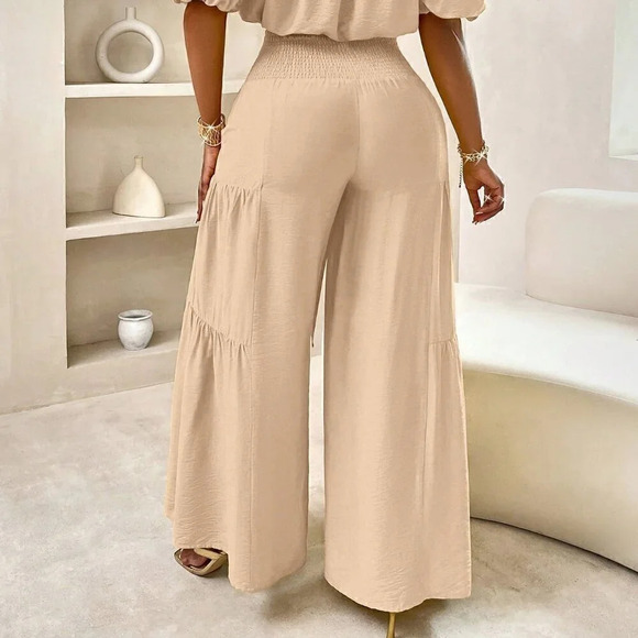 Khaki Casual Women's Beach One-Shoulder Puff-Sleeved Crop Top & Wide Leg Pants - Picture 2 of 7